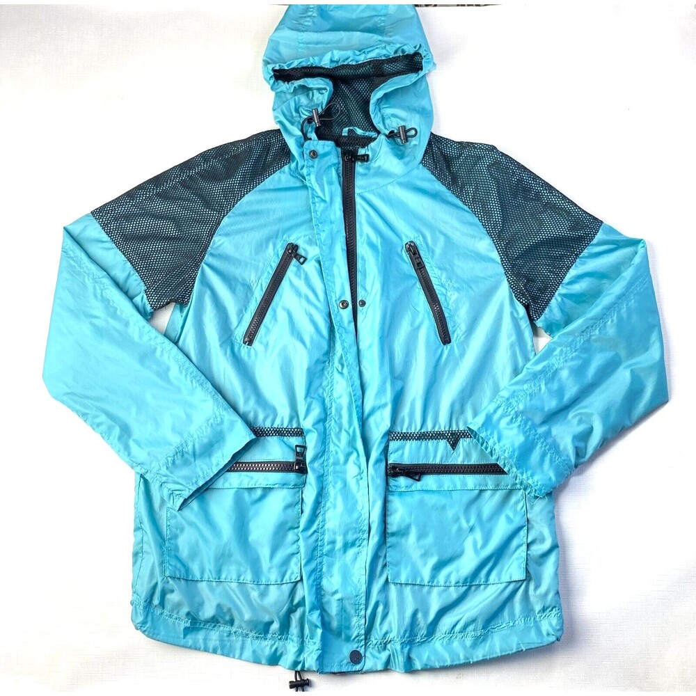 SAM EDELMAN Hooded WINDBREAKER RAIN JACKET! Teal Blue Cargo Pockets Sz S
